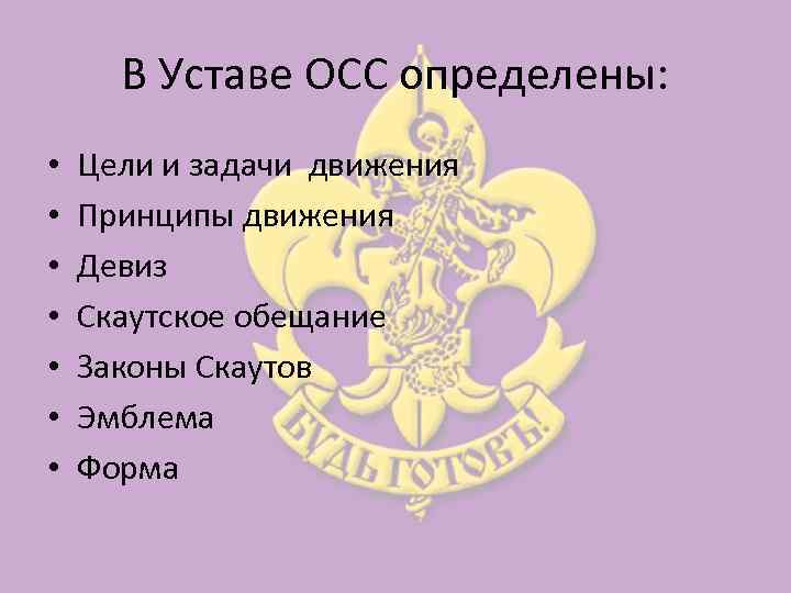 В Уставе ОСС определены: • • Цели и задачи движения Принципы движения Девиз Скаутское