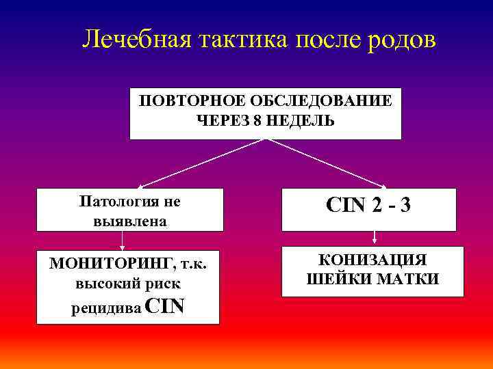Лечебная тактика после родов ПОВТОРНОЕ ОБСЛЕДОВАНИЕ ЧЕРЕЗ 8 НЕДЕЛЬ Патология не выявлена CIN 2