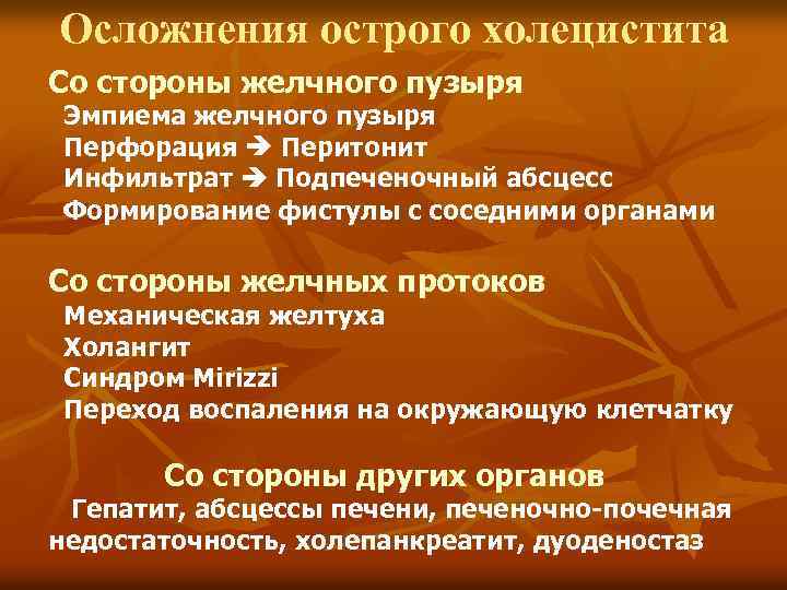 Осложнения острого холецистита Со стороны желчного пузыря Эмпиема желчного пузыря Перфорация Перитонит Инфильтрат Подпеченочный