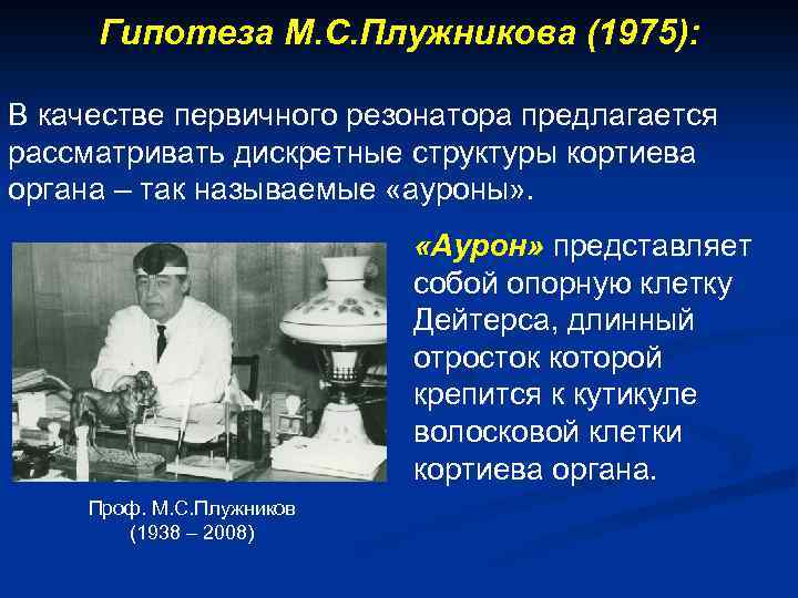 Гипотеза М. С. Плужникова (1975): В качестве первичного резонатора предлагается рассматривать дискретные структуры кортиева
