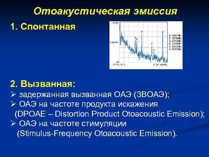 Отоакустическая эмиссия 1. Спонтанная 2. Вызванная: Ø задержанная вызванная ОАЭ (ЗВОАЭ); Ø ОАЭ на