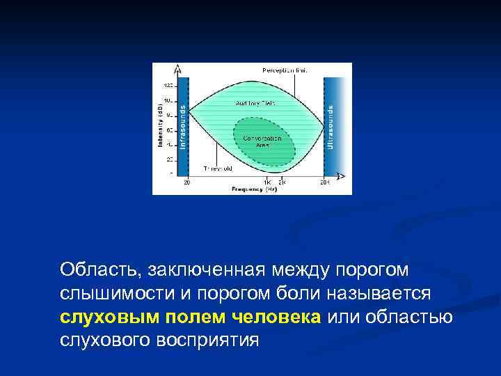 Область, заключенная между порогом слышимости и порогом боли называется слуховым полем человека или областью