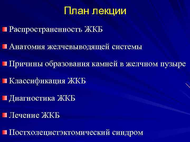 План лекции Распространенность ЖКБ Анатомия желчевыводящей системы Причины образования камней в желчном пузыре Классификация