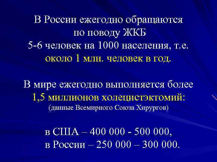 В России ежегодно обращаются по поводу ЖКБ 5 -6 человек на 1000 населения, т.