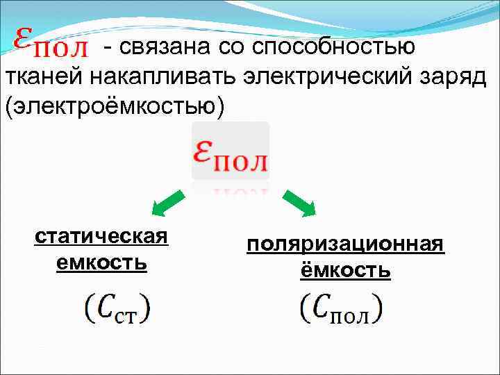 - связана со способностью тканей накапливать электрический заряд (электроёмкостью) статическая емкость поляризационная ёмкость 