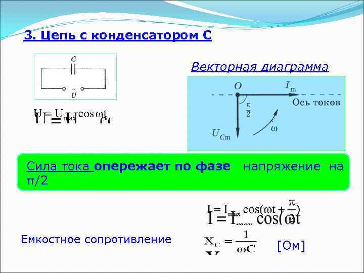 Векторная диаграмма цепи переменного тока с емкостным сопротивлением