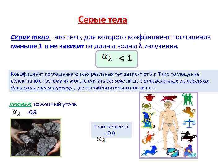 Серые тела Серое тело – это тело, для которого коэффициент поглощения меньше 1 и
