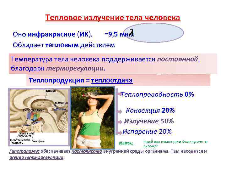 Тепловое излучение тела человека Оно инфракрасное (ИК). =9, 5 мкм Обладает тепловым действием Температура