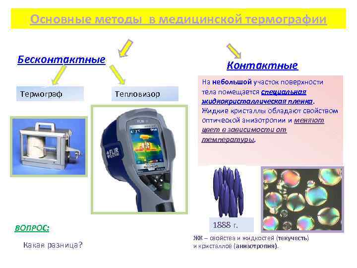 Основные методы в медицинской термографии Бесконтактные Термограф ВОПРОС: Какая разница? Контактные Тепловизор На небольшой