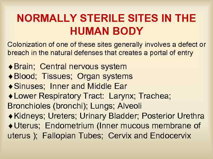 NORMALLY STERILE SITES IN THE HUMAN BODY Colonization of one of these sites generally