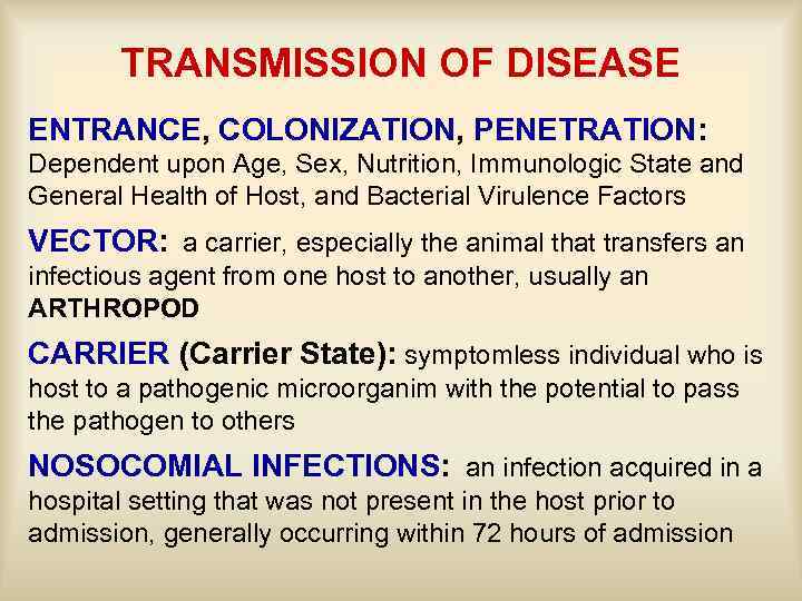 TRANSMISSION OF DISEASE ENTRANCE, COLONIZATION, PENETRATION: Dependent upon Age, Sex, Nutrition, Immunologic State and