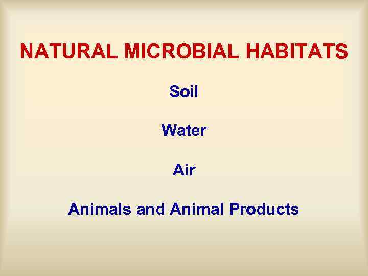 NATURAL MICROBIAL HABITATS Soil Water Air Animals and Animal Products 