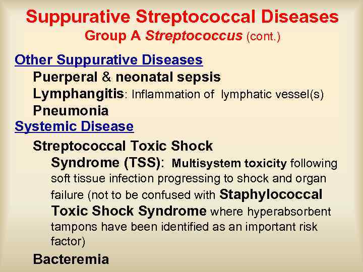 Suppurative Streptococcal Diseases Group A Streptococcus (cont. ) Other Suppurative Diseases Puerperal & neonatal