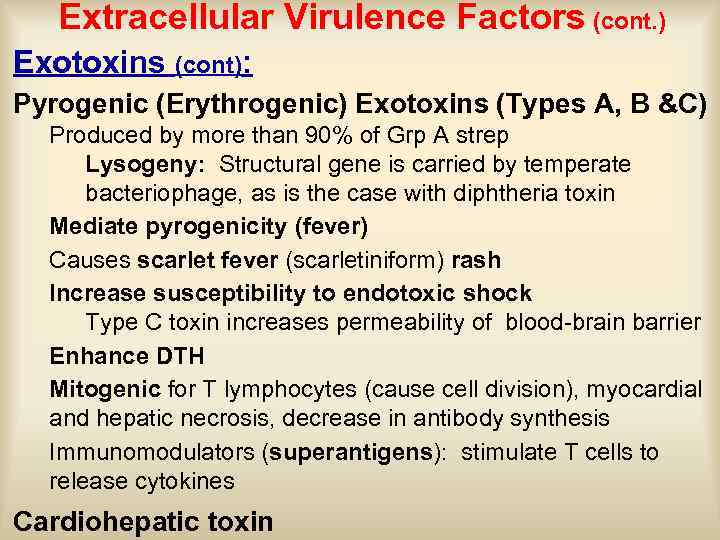Extracellular Virulence Factors (cont. ) Exotoxins (cont): Pyrogenic (Erythrogenic) Exotoxins (Types A, B &C)