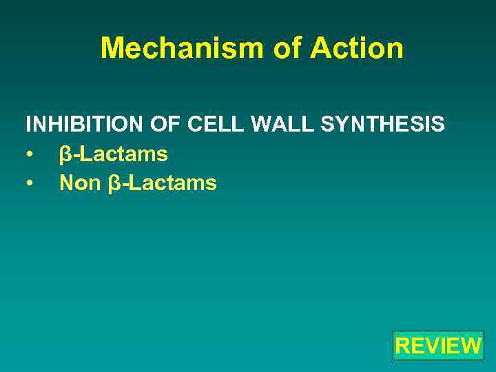 Mechanism of Action INHIBITION OF CELL WALL SYNTHESIS • β-Lactams • Non β-Lactams REVIEW