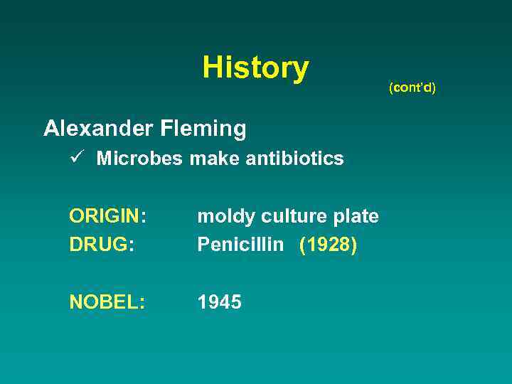 History Alexander Fleming ü Microbes make antibiotics ORIGIN: DRUG: moldy culture plate Penicillin (1928)