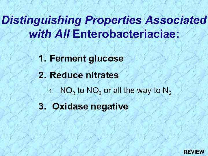 Distinguishing Properties Associated with All Enterobacteriaciae: 1. Ferment glucose 2. Reduce nitrates 1. NO