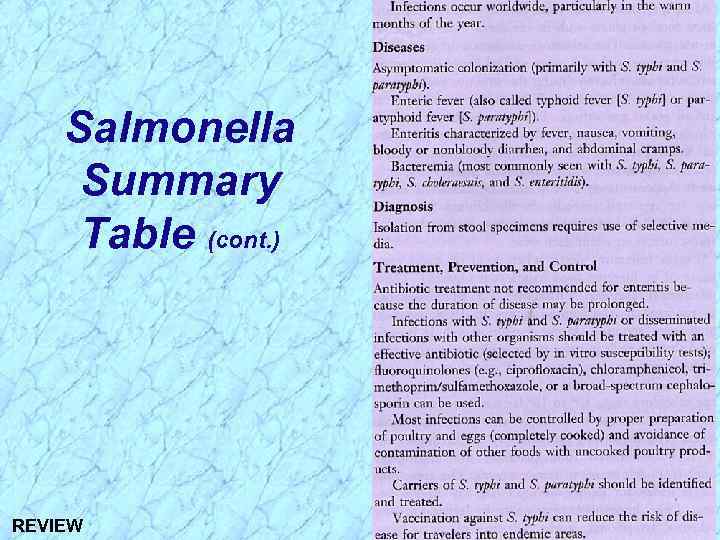 Salmonella Summary Table (cont. ) REVIEW 