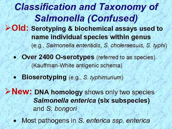 Classification and Taxonomy of Salmonella (Confused) ØOld: Serotyping & biochemical assays used to name