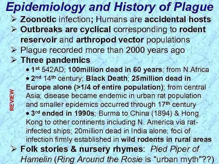 Epidemiology and History of Plague REVIEW Ø Zoonotic infection; Humans are accidental hosts Ø