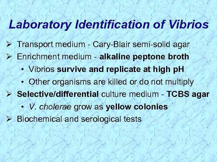 Laboratory Identification of Vibrios Ø Transport medium - Cary-Blair semi-solid agar Ø Enrichment medium