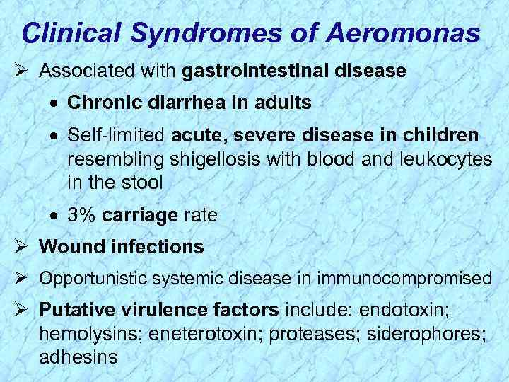 Clinical Syndromes of Aeromonas Ø Associated with gastrointestinal disease · Chronic diarrhea in adults