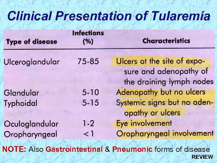 Clinical Presentation of Tularemia NOTE: Also Gastrointestinal & Pneumonic forms of disease REVIEW 