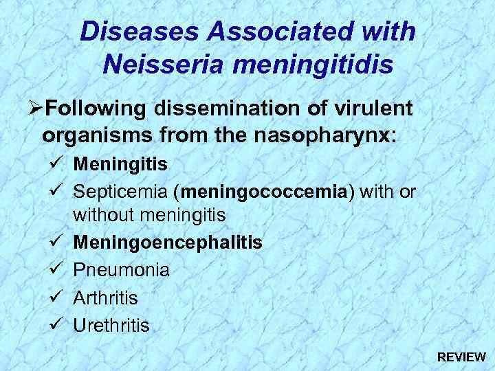Diseases Associated with Neisseria meningitidis ØFollowing dissemination of virulent organisms from the nasopharynx: ü