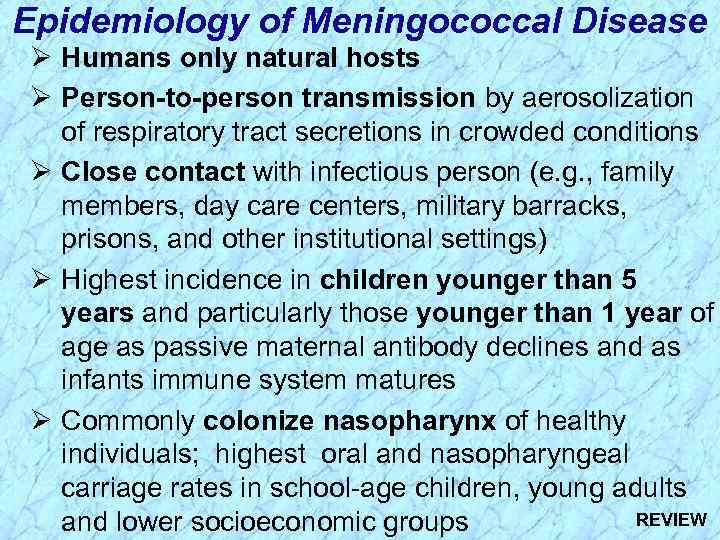 Epidemiology of Meningococcal Disease Ø Humans only natural hosts Ø Person-to-person transmission by aerosolization