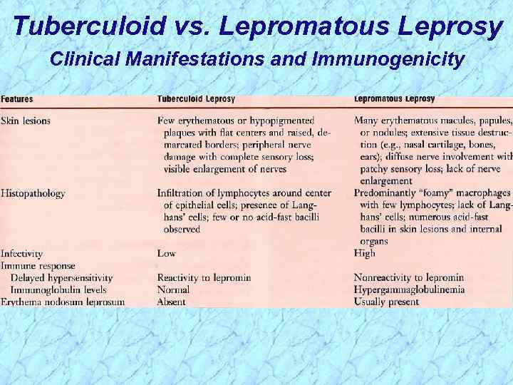 Tuberculoid vs. Lepromatous Leprosy Clinical Manifestations and Immunogenicity 