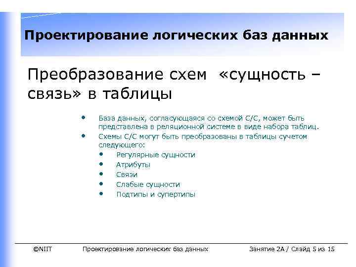 Проектирование логических баз данных Преобразование схем «сущность – связь» в таблицы • • ©NIIT