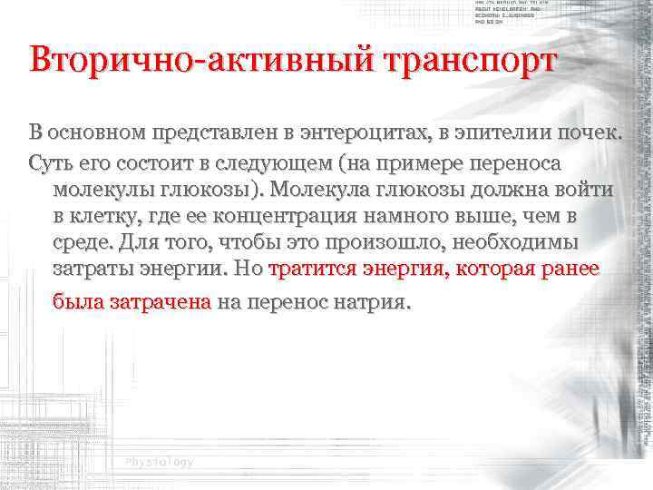 Вторично-активный транспорт В основном представлен в энтероцитах, в эпителии почек. Суть его состоит в