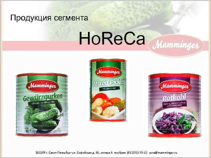 Продукция сегмента Ho. Re. Ca 192289 г. Санкт-Петербург ул. Софийская д. 95, литера А
