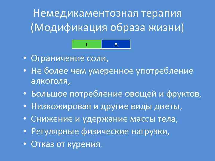 Немедикаментозная терапия (Модификация образа жизни) I A • Ограничение соли, • Не более чем