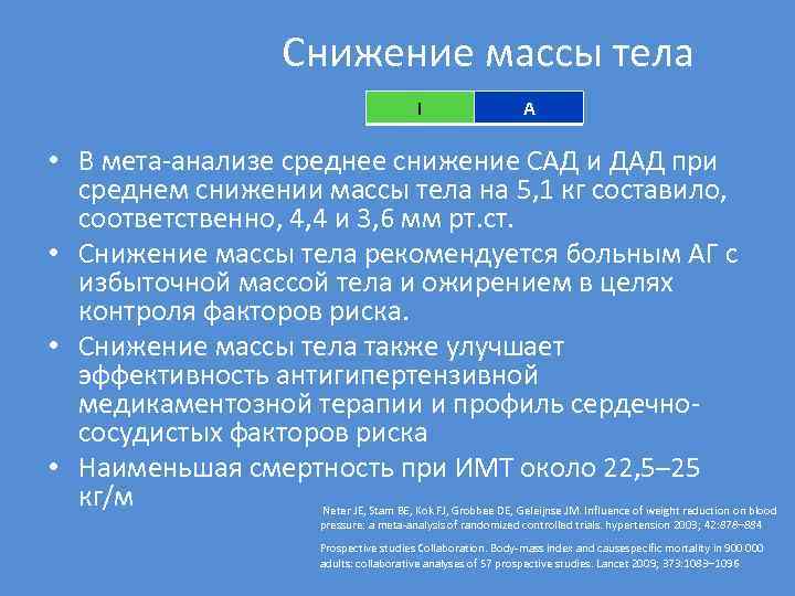 Снижение массы тела I A • В мета-анализе среднее снижение САД и ДАД при