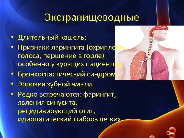 Экстрапищеводные • Длительный кашель; • Признаки ларингита (охриплость голоса, першение в горле) – особенно