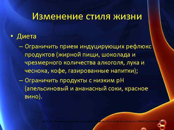 Изменение стиля жизни • Диета – Ограничить прием индуцирующих рефлюкс продуктов (жирной пищи, шоколада