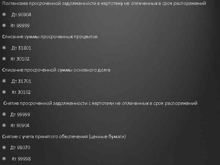 Постановка просроченной задолженности в картотеку не оплаченных в срок распоряжений Дт 90904 Кт 99999