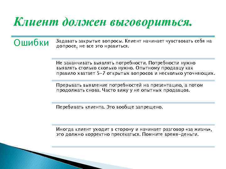 Клиент должен выговориться. Ошибки Задавать закрытые вопросы. Клиент начинает чувствовать себя на допросе, не