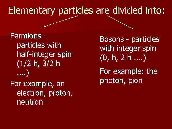 Elementary particles are divided into: Fermions particles with half-integer spin (1/2 h, 3/2 h.
