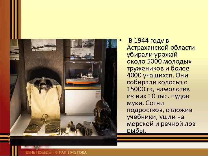  • В 1944 году в Астраханской области убирали урожай около 5000 молодых тружеников