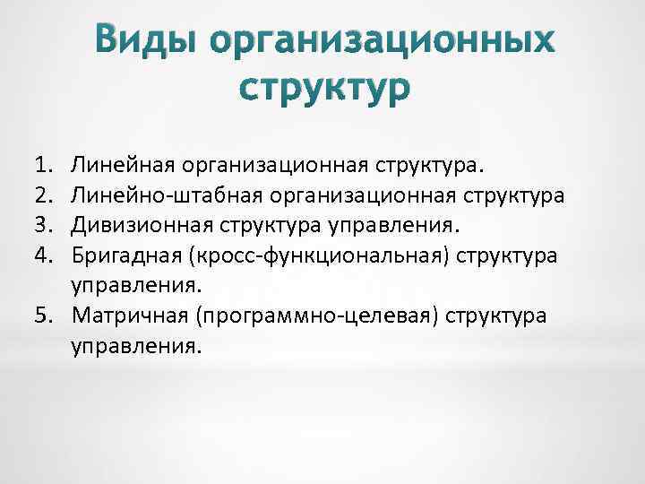 Виды организационных структур 1. 2. 3. 4. Линейная организационная структура. Линейно штабная организационная структура