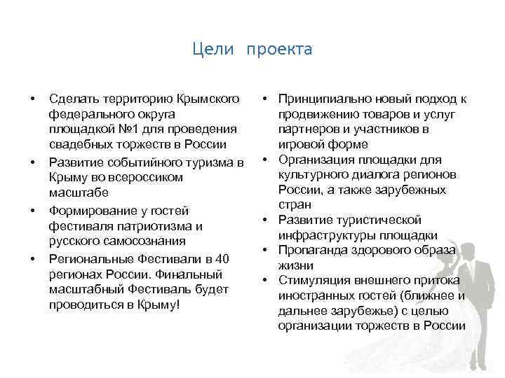 Цели проекта • • Сделать территорию Крымского федерального округа площадкой № 1 для проведения