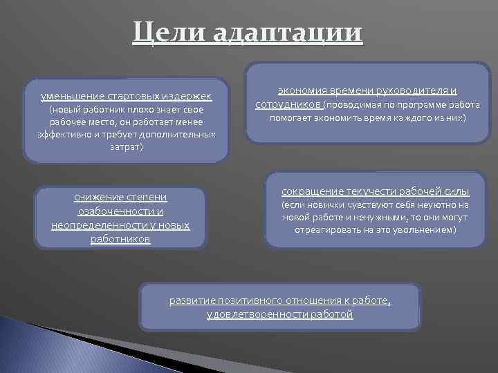 Цели адаптации уменьшение стартовых издержек (новый работник плохо знает свое рабочее место, он работает