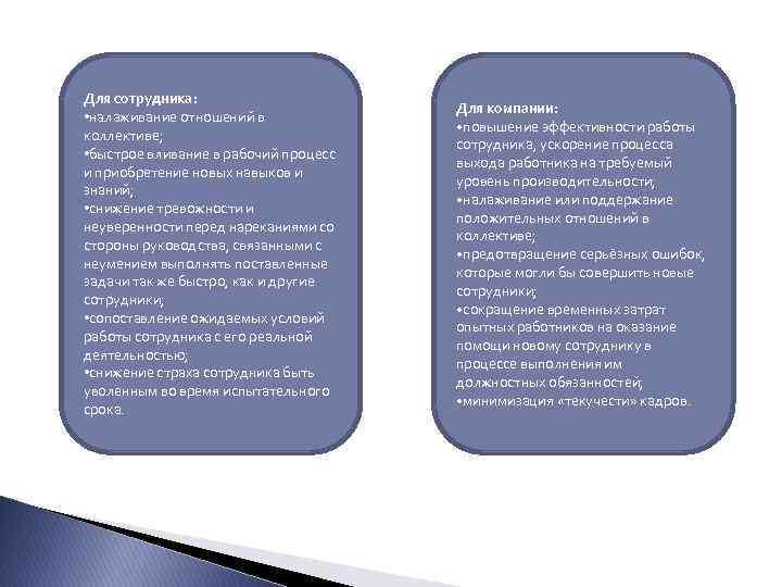 Для сотрудника: • налаживание отношений в коллективе; • быстрое вливание в рабочий процесс и