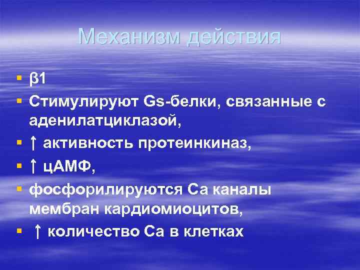 Механизм действия § β 1 § Стимулируют Gs-белки, связанные с аденилатциклазой, § ↑ активность