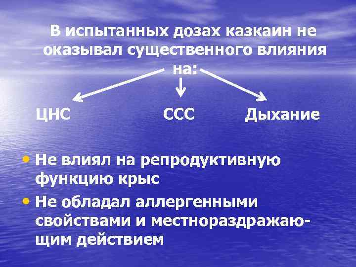 В испытанных дозах казкаин не оказывал существенного влияния на: ЦНС ССС Дыхание • Не