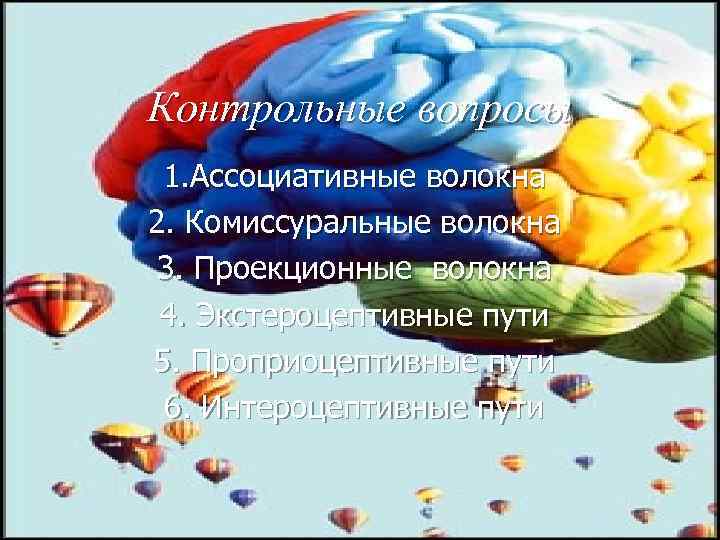 Контрольные вопросы 1. Ассоциативные волокна 2. Комиссуральные волокна 3. Проекционные волокна 4. Экстероцептивные пути