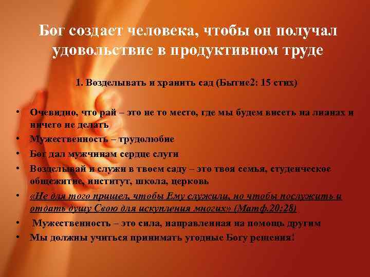Бог создает человека, чтобы он получал удовольствие в продуктивном труде 1. Возделывать и хранить