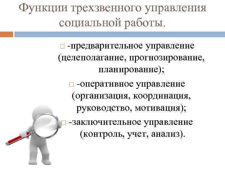 Функции трехзвенного управления социальной работы. предварительное управление (целеполагание, прогнозирование, планирование); оперативное управление (организация, координация,